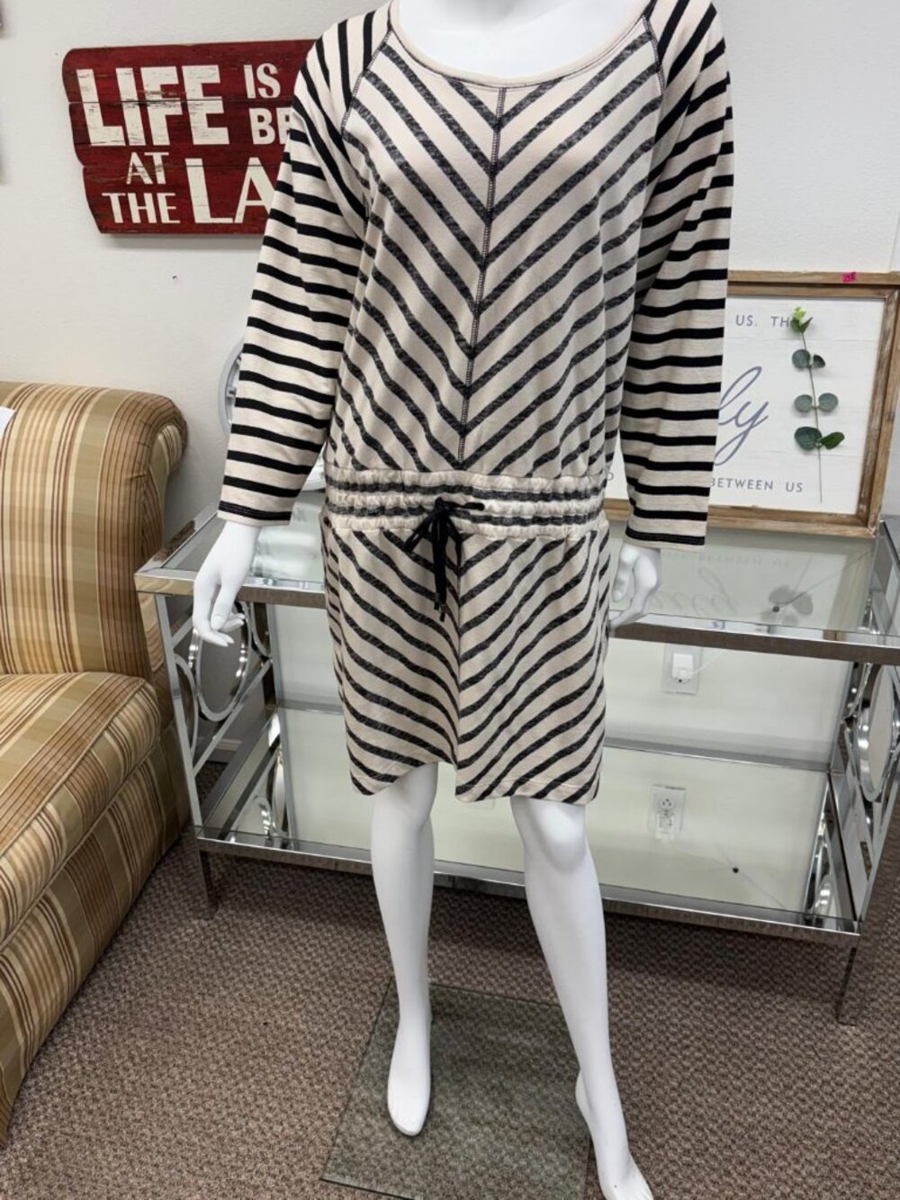 Summer Black & Cream Striped Long Sleeve Drawstring Dress